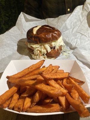 Spicy chicken sandwich and sweet potato fries   at Loving Hut in Redlands