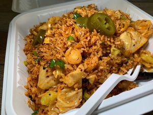 Chili Garlic Fried Rice w/Tofu, Cabbage, Green Onions, Dried Chili & Chili Garlic Sauce at Loving Hut in Redlands