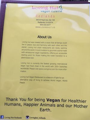 Menu - About Us at Loving Hut in Redlands