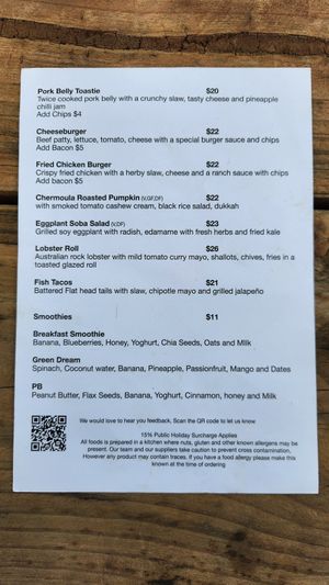 Current menu 20th April 2024 at Driftwood Cafe in Ocean Grove