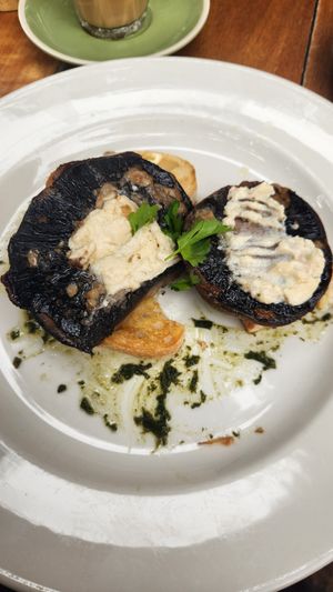 Mushrooms, good they had vegan feta at Driftwood Cafe in Ocean Grove