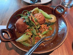 Morning glory, pak choy and deep fried silken tofu at Farang in Helsinki