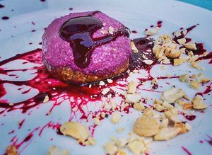 Vegan Cashews strawberry cheesecake with a gluten-free date but crust.  at RubyJoy's in San Miguel De Allende