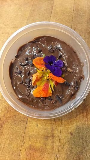 vegan chocolate raspberry pudding at Greens N Grains in Egg Harbor