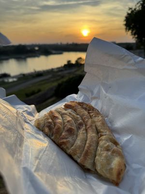 Potato pie with a sunset at the fortress   at Kljuch Bakery in Belgrade