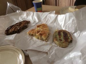 Three vegan pitas. L to R Buckwheat flour with mushroom, potato and Spinach and leek. at Kljuch Bakery in Belgrade