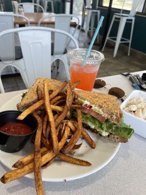 BLTA with fries potato salad and strawberry lemonade  at Life - The Vegan Drive Thru in Cape Coral