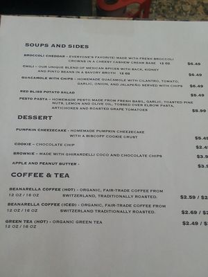 Menu section showing soups, sides, desserts, coffee and tea at Life - The Vegan Drive Thru in Cape Coral