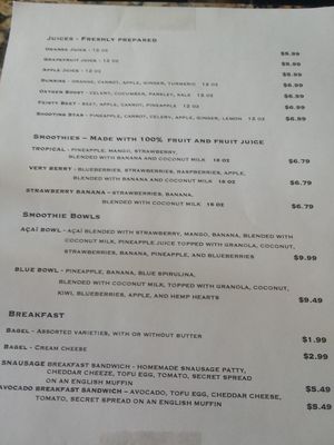 Menu section showing juices, smoothies, smoothie bowls and breakfast at Life - The Vegan Drive Thru in Cape Coral