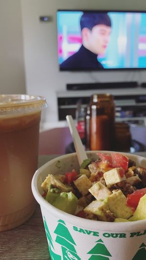 Avocado breakfast bowl with Beanarella iced coffee  at Life - The Vegan Drive Thru in Cape Coral