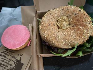 Mega vega wholegrain bagel and 'roze koek' at Bagels & Beans - Catharijne Esplanade  in Utrecht