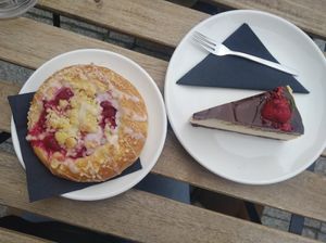Raspberry drożdżówka and vegan cheesecake - so delicious!! at Bread House in Torun