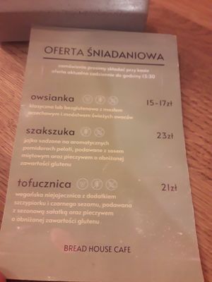 Breakfast menu with vegan tofucznica at Bread House in Torun