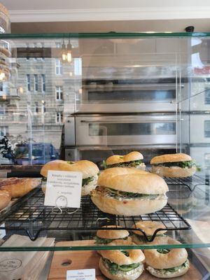 Bagel with vegan cream cheese, cucumber and sprouts. at Bread House in Torun