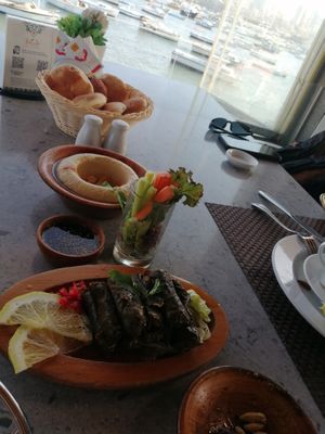 Humus and stuffed vine leaves  at Sidra By The Citadel in Alexandria