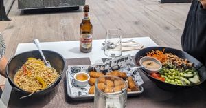 Red curry with Noodles, nuggets, and satay salad at Padthaiwok in Gran Canaria