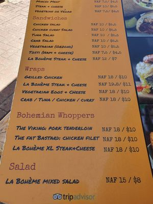 menue at La Bohème in Willemstad