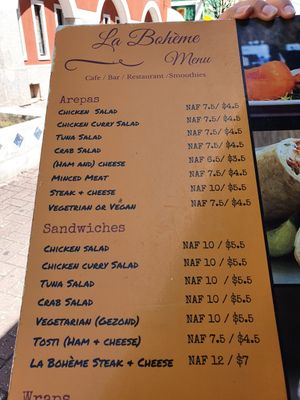 menue at La Bohème in Willemstad