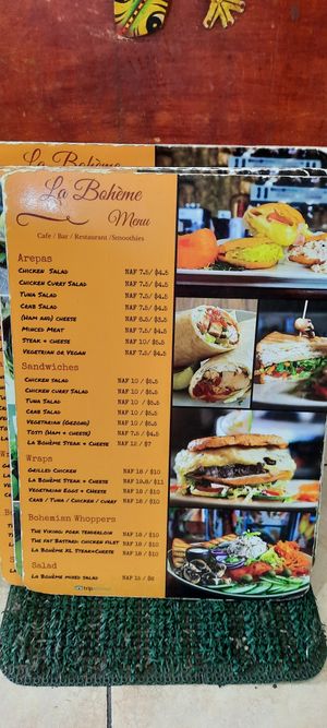 Menu at La Bohème in Willemstad