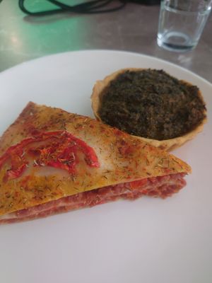 Seitan lasagna and spinach quiche at Paradise Food in Podgorica