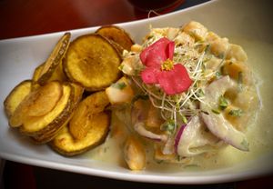 Ceviche of pejibaye with plátano chips  at La Galería Slow Food in Heredia