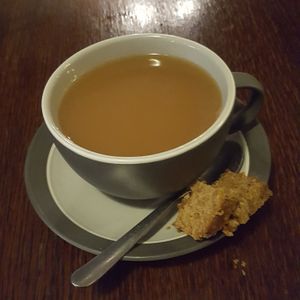 Tea with almond milk (and tiny pieces of vegan flapjack) at Thingy-ma-jigs in Guisborough