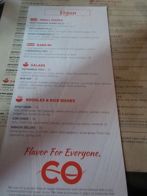 Vegan menu available upon request at CO in Raleigh