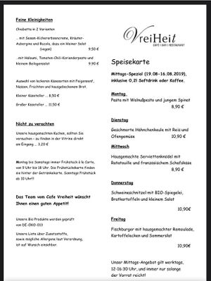 Menu from August 2019 at Cafe Vreiheit in Cologne