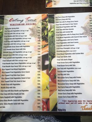 Vegetarian menu at Eating Time in Koh Samui