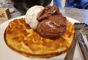 Waffle (4.90) with chocolate (2.90) and vanilla ice cream (2.90) at Mong Cha Cha Cafe 夢茶茶 in Central Singapore