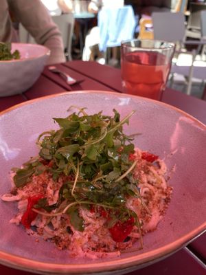 best vegan spagetthi carbonara from „plat du jour menu" at Sesame in Chamonix-mont-blanc