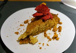 Orange cake w/Raspberry Sorbet (vegan) at Sesame in Chamonix-mont-blanc
