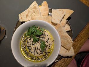 Hummus and "focaccia" at Sesame in Chamonix-mont-blanc