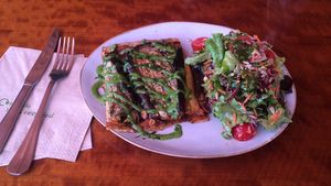 Eggplant cake & salad 👍👍👍 at Sesame in Chamonix-mont-blanc