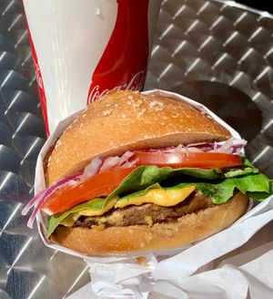 Vegan Cheeseburger and an ice-cold coke at Ariela's Pizza & Kosher Kitchen in Las Vegas