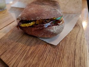 Chickpea Omelete with "Bacon" Sandwich at Inclusive Cafe Ogurci in St Petersburg