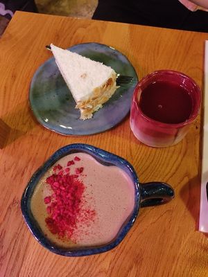 lemon cake and raspberry hot chocolate at Inclusive Cafe Ogurci in St Petersburg