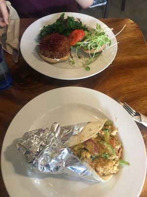 Vegan burger and curry burrito  at The Beet Box Cafe in Haleiwa