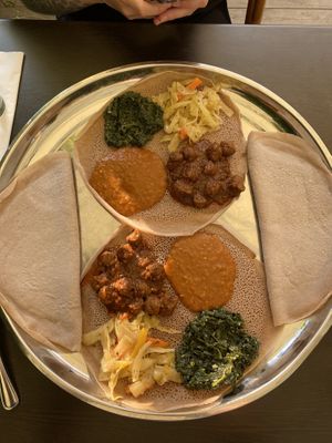 Injera with vegan mix at Messob in Uppsala