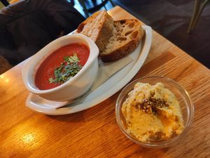 Soup of the day, bread and hummus at The Veg Box Cafe - Canterbury in Canterbury