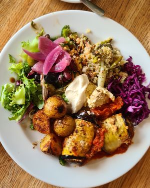 Aubergine involtini and salad, so tasty! at The Veg Box Cafe - Canterbury in Canterbury