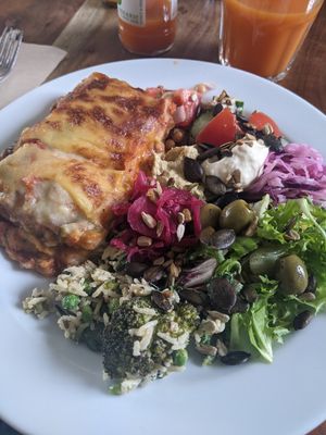 Vegan lasagne and salad at The Veg Box Cafe - Canterbury in Canterbury
