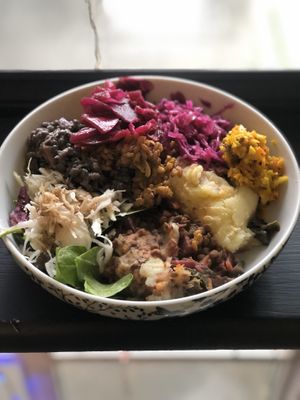 Lentil shepherd’s pie with salads and three toppings at The Veg Box Cafe - Canterbury in Canterbury