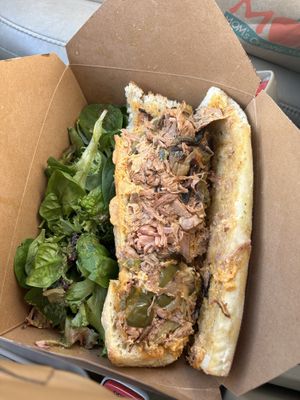 Vegan jackfruit cheesesteak- delicious, flavorful, with a side salad that’s included  at Naked Lunch in Philadelphia