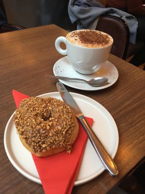 doughnut and cappuccino  at The Wooer in Falkirk