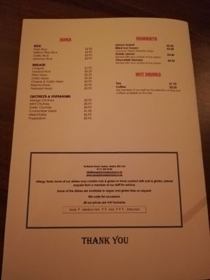 Menu at Swagatam Indian in Bristol