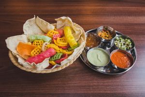 Poppadoms Basket and Chutney Tray - Veg, also available in Vegan! at Swagatam Indian in Bristol