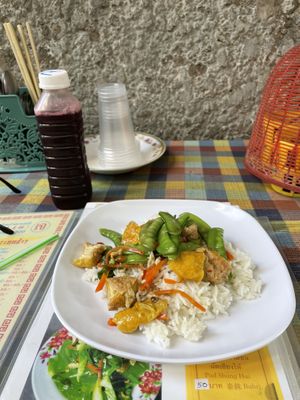 Tofu and rice. Okra juice! Very nice. NZ $2.70 😃  at Jay Oh Vegetarian in Bangkok