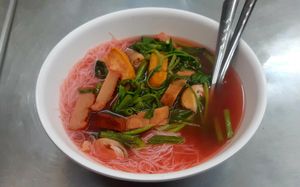 Noodles with yentafo sauce - 50THB at Jay Oh Vegetarian in Bangkok