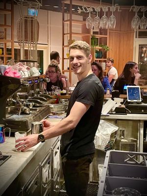 Noam the amazing barista, come juicer, come waiter, come cleaner, come bar tender who ran the place with precision  at Benedict in Herzliya